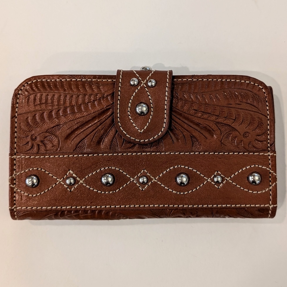 American West Tooled Leather Wallet w/ Silver Accents EUC
